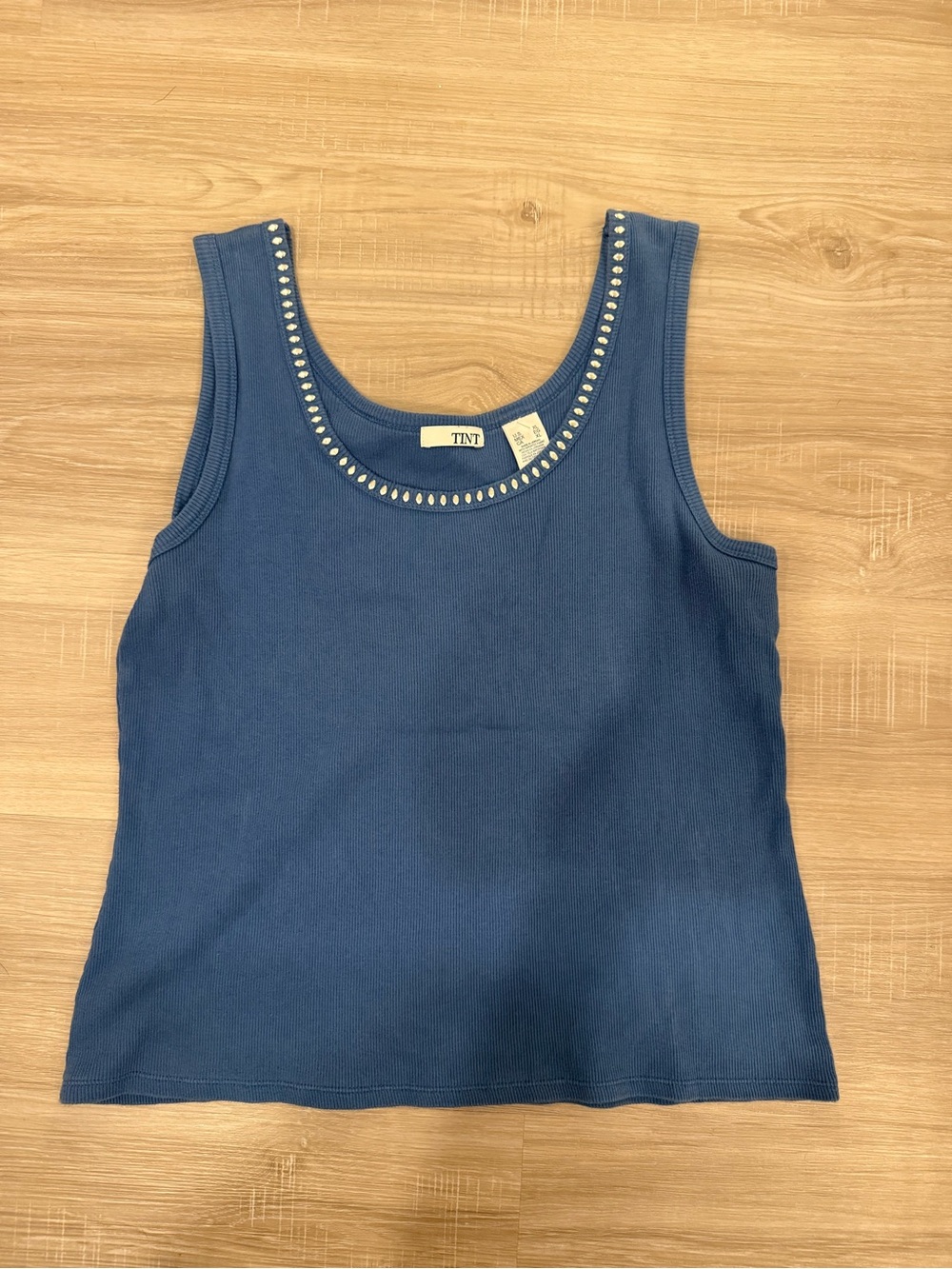 Navy Ribbed Tank with Decorative Neckline
